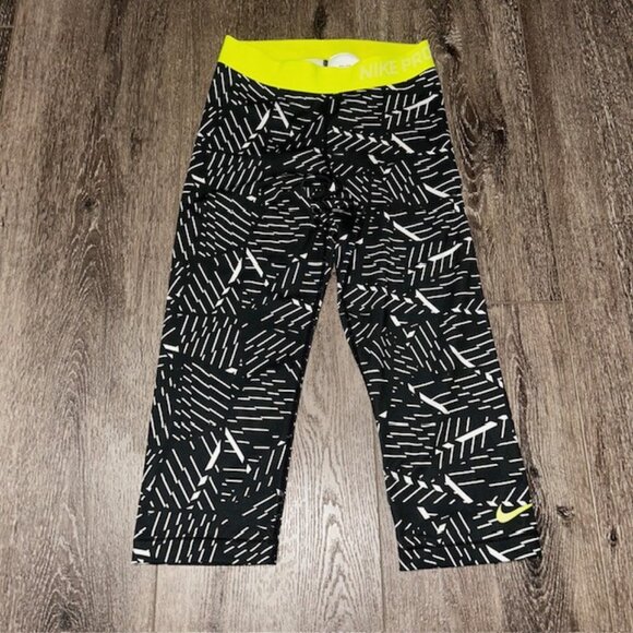Nike Dri Fit Running Crops/Capri Black White Neon Green Pants Size Small S - Picture 1 of 6